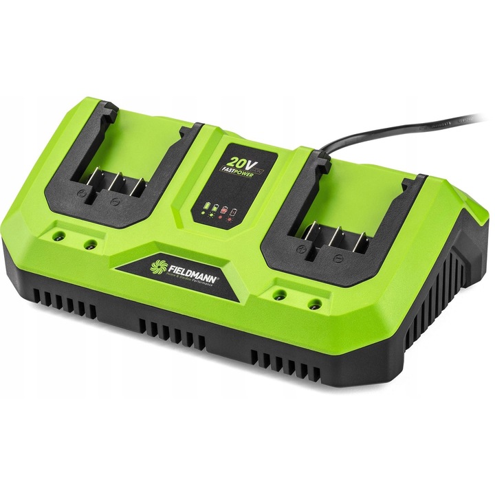 Fieldmann FAST POWER 20V dupla akkumulátortöltő, gyors töltő két akkumulátor egyidejű töltéséhez, elektronikus felügyelet LED-del és túlmelegedés elleni védelemmel, Zöld/Fekete