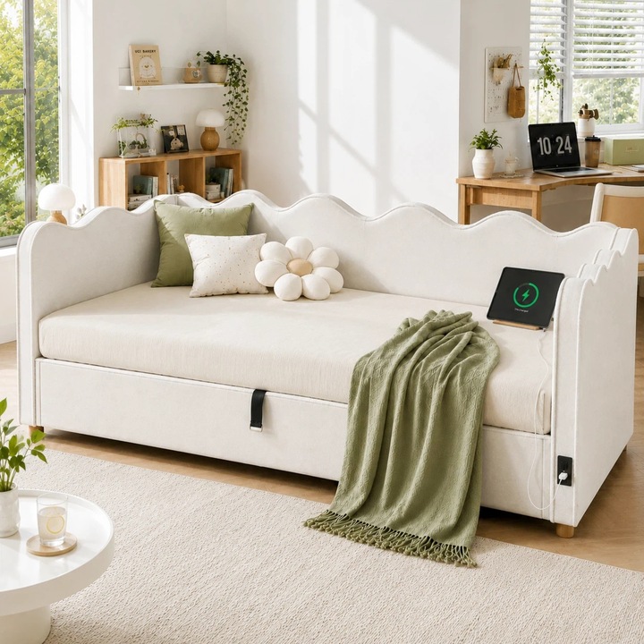 Pat de zi 90x200 hidraulic USB catifea bej