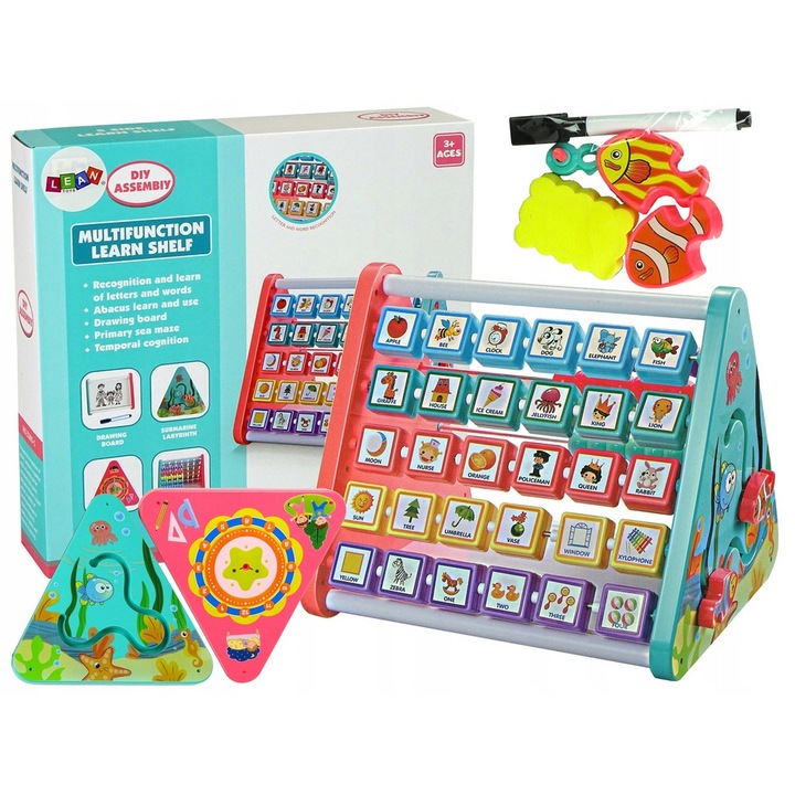 Образователна играчка LEAN Toys, мултифункционален триъгълник, сметало с мъниста и букви, дъска за писане и лабиринт, часовник, многоцветна, 25x25x25 см, 1 бр.