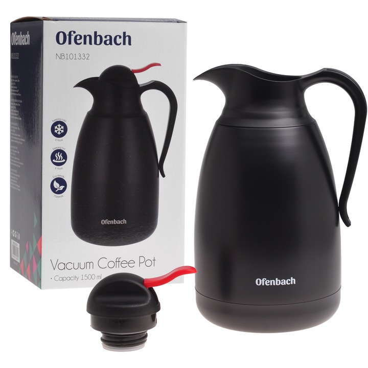 Термос кана Ofenbach NB-101332 от неръждаема стомана, вакуумна изолация, с автоматична херметична тапа, черен, 1,5 L