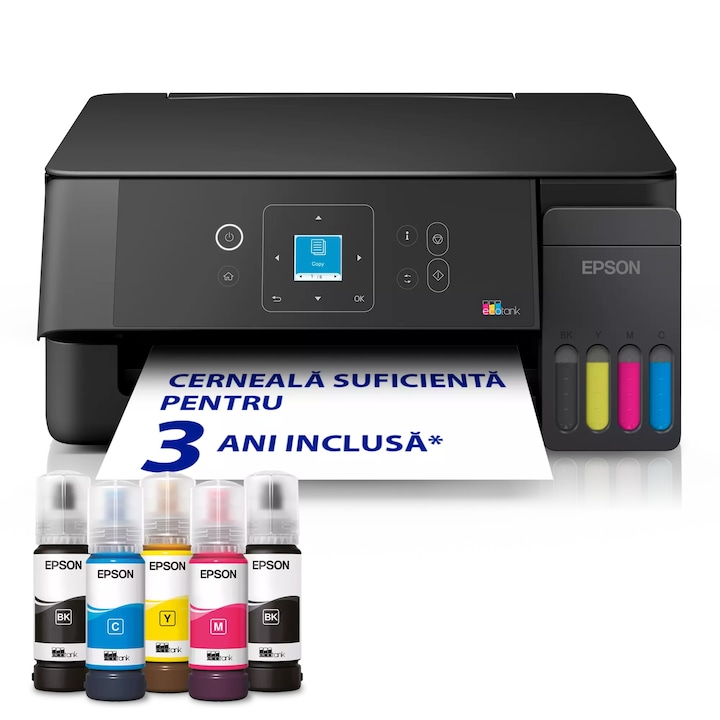 Multifunctional inkjet Epson EcoTank L3360 CISS A4 Color Wi-Fi, AirPrint, Scanner, Copiator, ADF, USB, 33 ppm, LCD, Sistem Rezervor Cerneala Economic, Negru