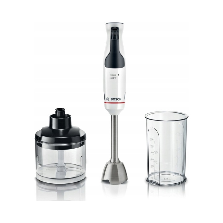 Ръчен пасатор/вертикален миксер Bosch ErgoMaster MSM4W220, 600 W, quattroblade с 4 остриета от неръждаема стомана, керамичен съединител, чопър 500 мл и мерителна чаша, бял, 1 бр