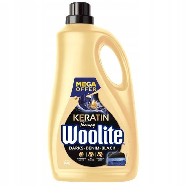 2 darabos szett, Woolite Dark Keratin folyékony mosószer fekete ruhákhoz és farmerhez, színvédelem és fakulásgátló, hideg vízben is hatékony, Fekete, 2 x 3.6 L (60 mosás)