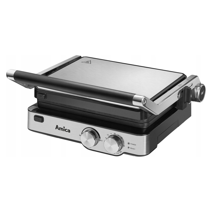 Grill electric Amica GK4011, 2000 W, placi detasabile antiaderente si tavita colectare grasimi, inox, 1 buc