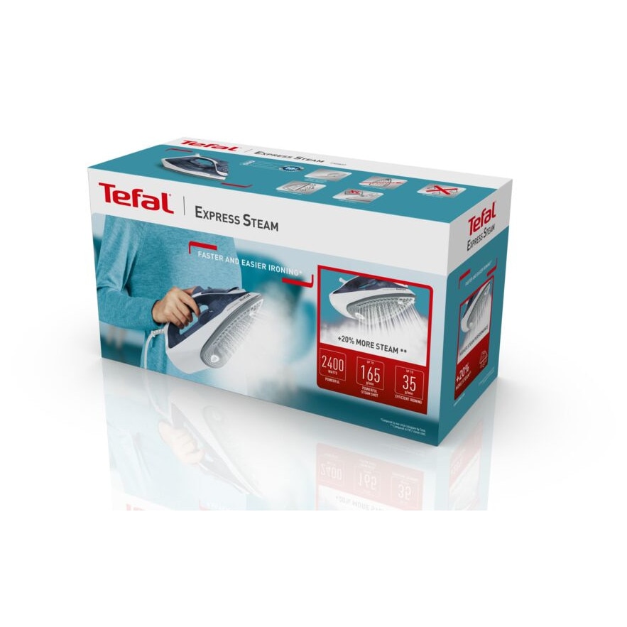 Fier de calcat cu aburi Tefal Express Steam, ceramic, alb-albastru, 2400W, 270ml
