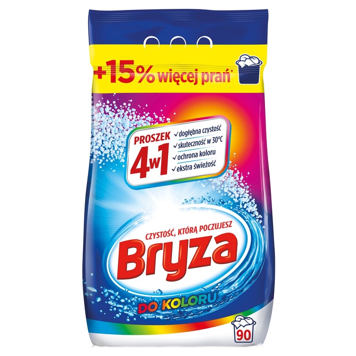 Bryza 4in1 por mosószer színes ruhákhoz, hatékony 30°C-on, színvédelem és extra frissesség, Többszínű, 5,85 kg, 90 mosás