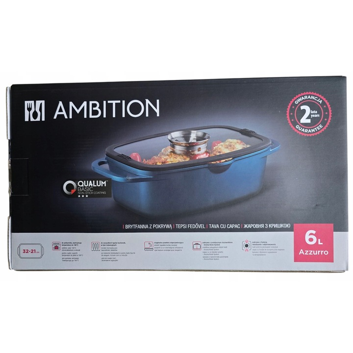 Ambition Azzurro NOEL 813203 sütőtepsi, tapadásmentes bevonattal, indukciós főzőlapokkal kompatibilis, fedővel együtt, kék/fekete, 32x21 cm, 6 L