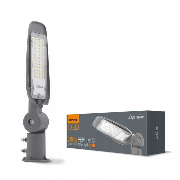 Улична лампа LED Videx Leya 30W, 2700 lm, 4000K, регулируема на 200°, IP65 IK07, сива, 1 бр