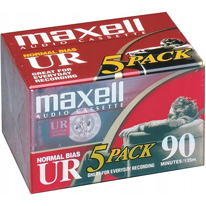 Аудио касета Maxell UR90, нормална касета за магнетофон, 90 минути (2 x 45 мин), ниско ниво на шум, Многоцветна, 5 броя