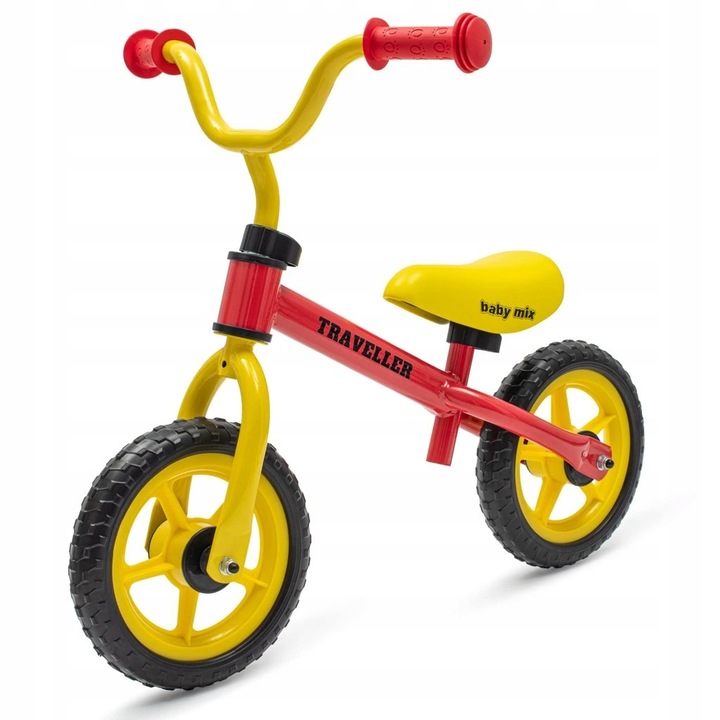 Bicicleta de echilibru Baby Mix Traveller, cadru ergonomic din otel, roti EVA 12 inch, sa reglabila 36-42 cm, manere anti-alunecare TPE, rosu/galben, 1 buc