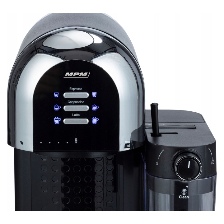 Еспресо машина MPM MKW-14M, кафемашина с портафилтър, помпа 15 BAR, алуминиев бойлер, дюза за разпенване на мляко, включени аксесоари (филтри 1/2, мерителна лъжица, тампер), черна, 1100 W