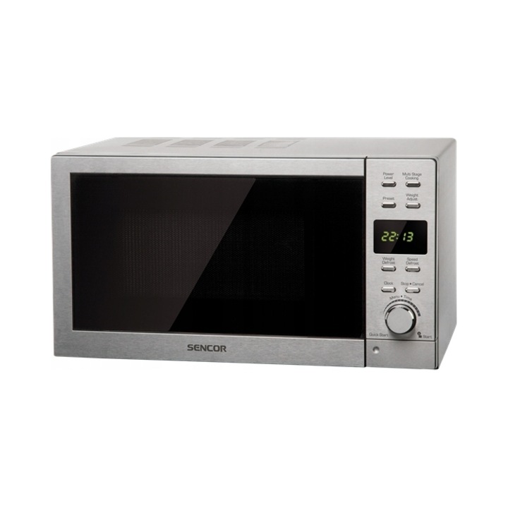 Cuptor cu microunde Sencor SMW 6022, 800W, 20L, grill si functie decongelare, panou tactil cu afisaj lcd, argintiu, 26x45x39 cm