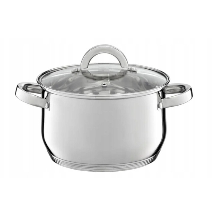 Oala/Cratita cu capac Ambition Berry din otel inoxidabil, capac din sticla termorezistenta, manere ergonomice din otel inoxidabil, fund 5-strat tip kapsel, compatibila cu plite cu inductie, argintiu lucios, 8,5 L