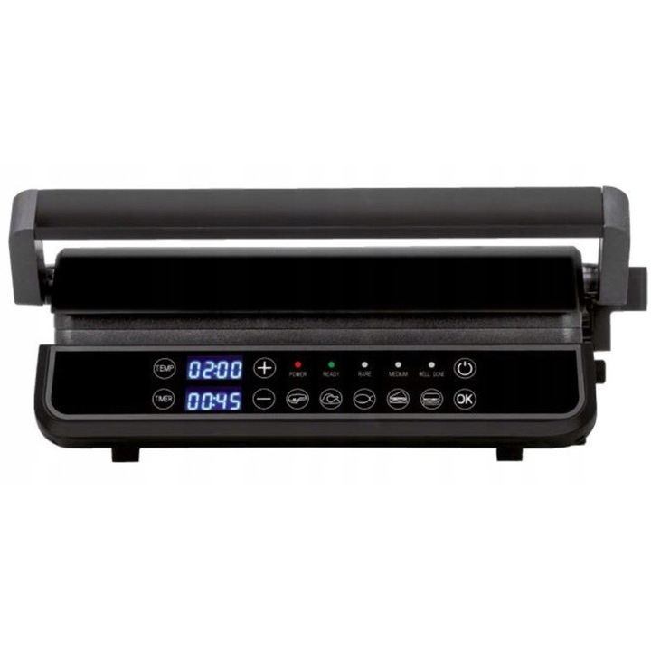 Grill electric MPM MGR-14M, 2400 W, 5 programe automate, placi neaderente, deschidere 180° si suprafata 1334 cm², evacuare grasime, argintiu-negru
