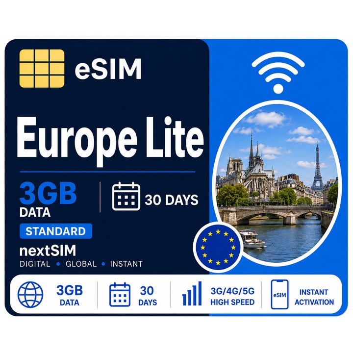 Cartela Pre-paid NextSIM eSIM Europe Lite, 3GB Internet Mobil 30 Zile, Activare Instanta, 3G/4G/5G, Fara Contract