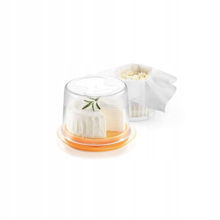 Set pentru prepararea branzei Tescoma DELLA CASA 643132.00, tava cu capac pentru servire si depozitare, 5 panze netesute reutilizabile, plastic rezistent si arc din otel inoxidabil, alb/galben, 2 x 0,7 l