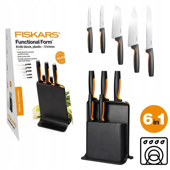 Fiskars Functional Form 6 részes késkészlet blokkal, rozsdamentes acél, ergonomikus Softtouch PP markolat, 53 HRC pengeélesség, fekete/narancs, 5 kés + blokk