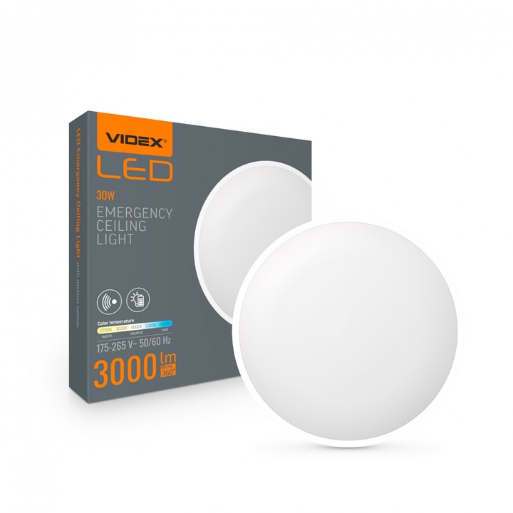 LED плафон Videx, таванна лампа с авариен модул 300 lm, регулируема мощност 15/25/30 W, светлинен поток 3000 lm, цветна температура 2700/3000/4000/5000/6500 K, PIR сензор за движение и сензор за здрач, IP44, бял, O330x70 mm