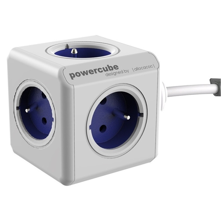 Allocacoc PowerCube Extended elosztó / többcsatlakozós aljzat, 5 db E típusú aljzat, gyermekvédelem, levehető szalagos rögzítőrendszer, fehér/kék, 1,5 m