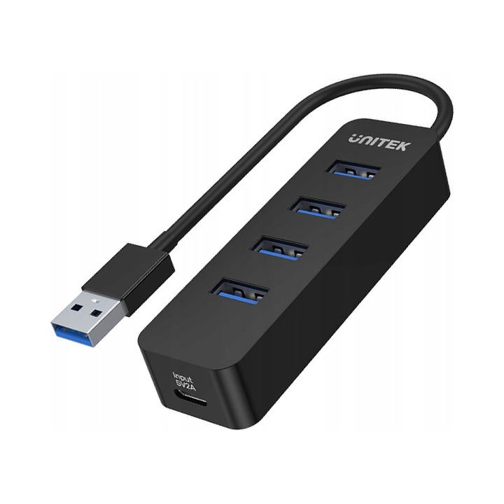 Активен USB хъб Unitek, 4 USB-A USB 3.0 порта, трансфер на данни до 5 Gbps, USB-C порт за зареждане 10W, вграден кабел 15 см, черен