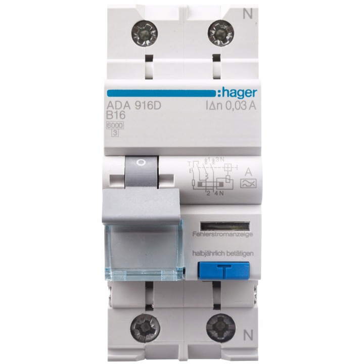 Intrerupator diferential-automat (RCBO) Hager ADA916D, 16 A, 30 mA (0,03 A) tip A, curba B, 6 kA, 2 poli (1P+N), alb, 2 module