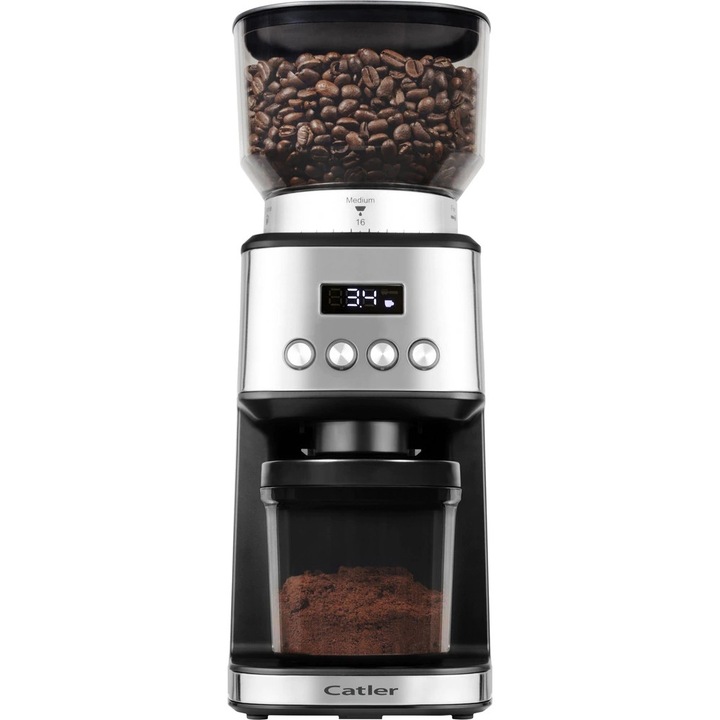Електрическа кафемелачка Catler CG 510, 31 настройки за смилане, LCD тъчскрийн дисплей, корпус от неръждаема стомана, смилане за портафилтър и буркан, черен/сребрист, 250 гр