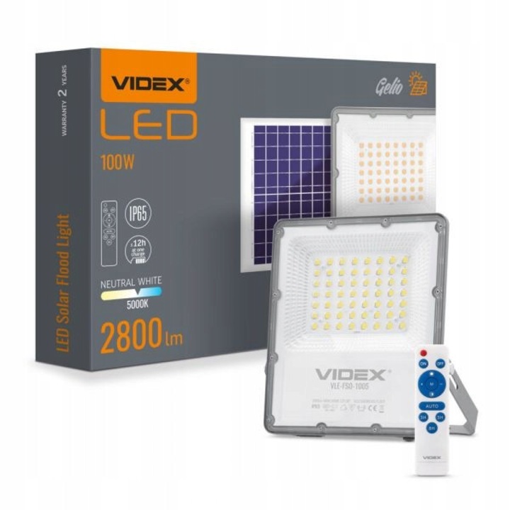 Соларен LED прожектор/рефлектор Videx Gelio 100W, 2800 lm, 5000K (неутрално бяло), LiFePO4 батерия 30000 mAh, IP65, Сив, 1 бр