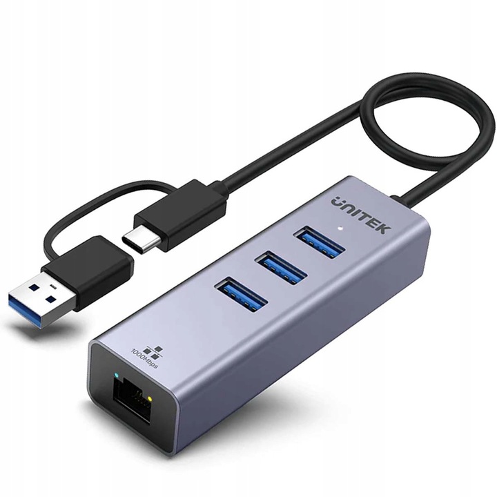 Hub USB 4 в 1 Unitek Y-3088B, адаптер Ethernet и USB, гигабитов Ethernet 1000 Mbps, 3x USB 3.0 (5 Gb/s), включен адаптер USB-C/USB-A, сив, 1 бр