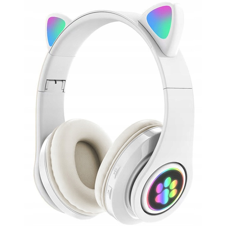 Casti wireless Aptel pentru copii Bluetooth 5.0, cu urechi de pisica iluminate LED RGB, radio FM si cititor microSD, Alb, 1 buc
