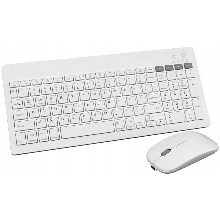 2 részes szett, Omega OKM071B vezeték nélküli billentyűzet és egér, Bluetooth 5.0 és 2.4GHz vevő, USB-C töltés, ultravékony 12 mm, fehér