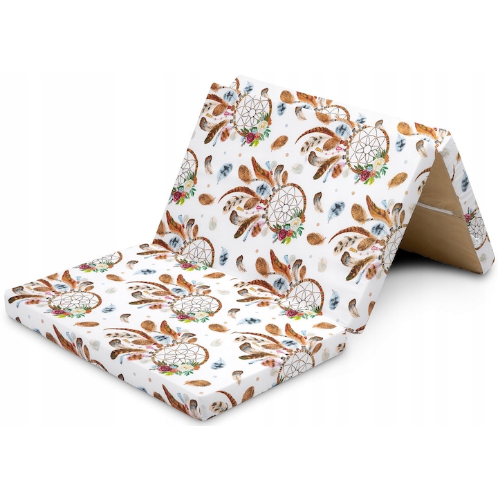 Saltea turistica Sensillo Supreme Capcane de Vise, pliabila in 3, husa din bumbac detasabila si lavabila, miez din spuma 5 cm, geanta de transport inclusa, alb cu imprimeu, 120x60x5 cm