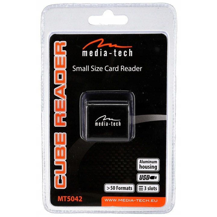 Четец за карти Media-tech MT5042 Cube Reader, USB 2.0, алуминиев корпус, съвместим със SD/microSD/microSDHC/M2/Memory Stick, черен, 1 бр