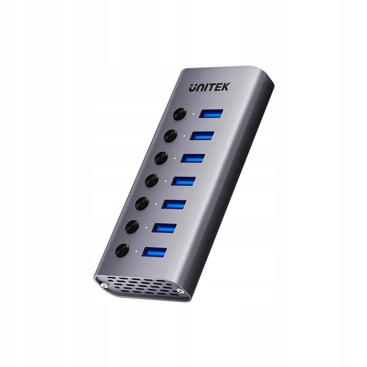 USB-C хъб Unitek H1314A01-EU, 7 USB-A порта, индивидуални превключватели, USB 3.2 Gen 1 5 Gb/s, бързо зареждане BC1.2, алуминий, сив, 1 бр