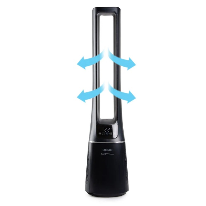 Ventilator vertical 2in1 DOMO, Smartflow, Tower Fan, ventilatie si purificare, acoperire 10 metri, Smart Sensing Technology, CycloneFlow, 10 trepte de putere, 4 moduri functionare normal/sleep/ionisation/smart sensing technology, functie memorie, negru