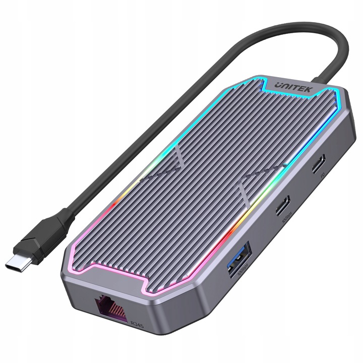 Hub USB-C Unitek D1029A, HDMI 2.0 4K 60Hz, Gigabit Ethernet RJ45, USB 3.2 Gen2 10 Gbps, PD 100W, жак 3,5 мм, RGB LED, Алуминий