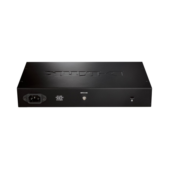 D-Link DGS-1016D switch, 16 portos RJ-45 10/100/1000, Gigabit, 19' fém rack, fejlett QoS-sel és kábeldiagnosztikával, Fekete, 1 db