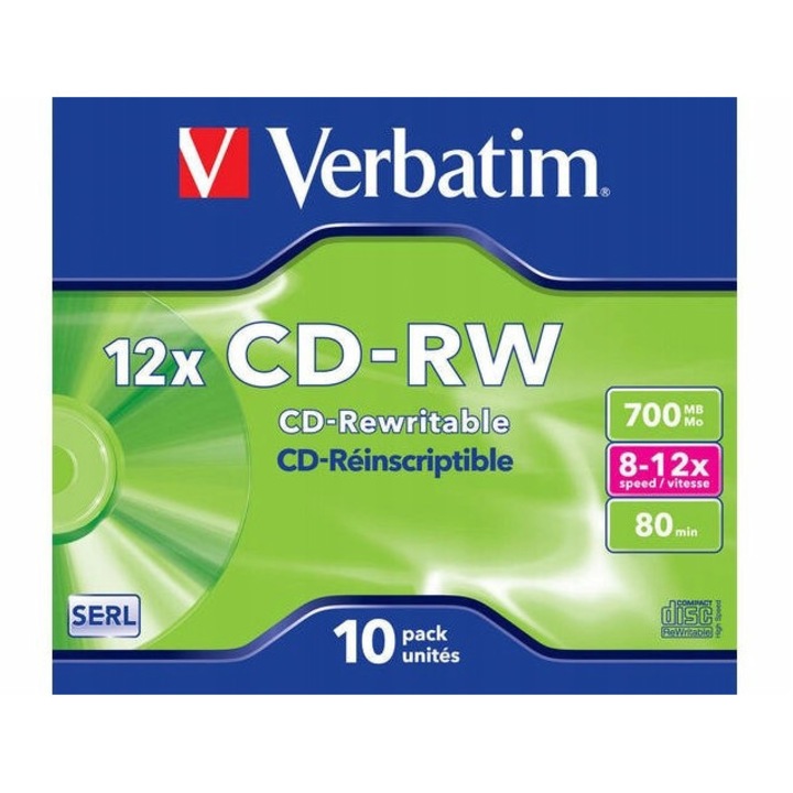 Комплект 10 CD-RW Verbatim 700MB презаписваеми бели дискове