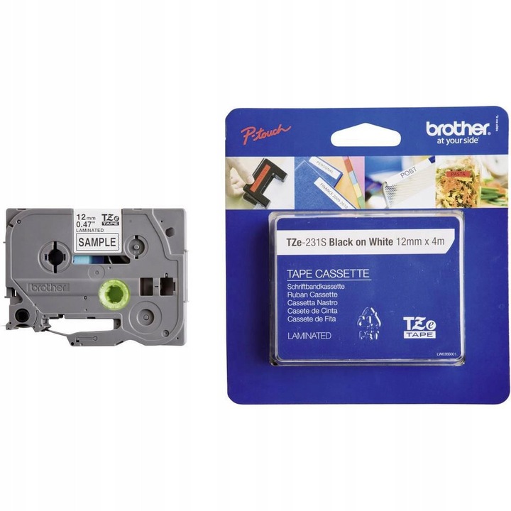Brother TZe-231S laminált címkeszalag, fekete fehér alapon, 12mmx4m