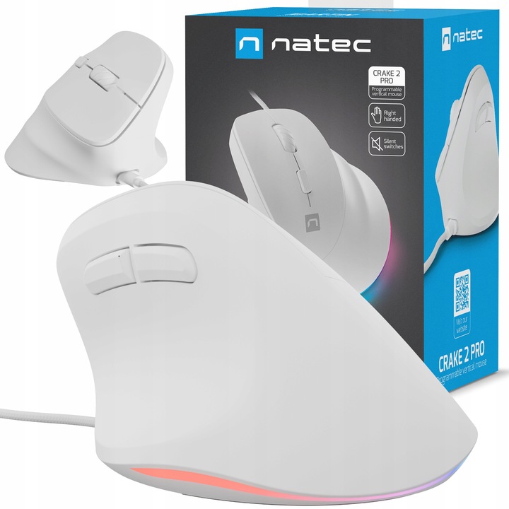 Mouse Natec Crake 2 Pro, vertical ergonomic, optic, programabil cu memorie, 12800 DPI, RGB, 6 butoane, cablu 150 cm, alb