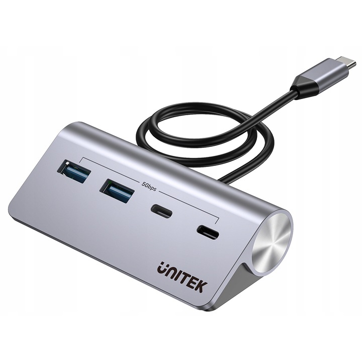 USB хъб Unitek UHub Q4, разширител на портове, 4 порта 5 Gbps, 2x USB-A/2x USB-C, сив