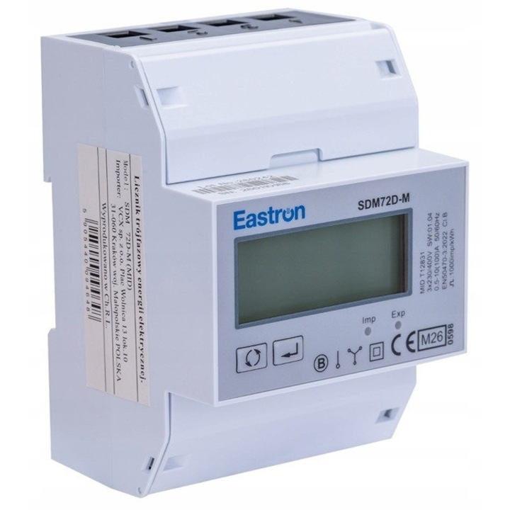 Contor de energie trifazic Eastron SDM72D-M, certificat MID, Modbus RS485, 230 V, 100 A, IP20, Alb