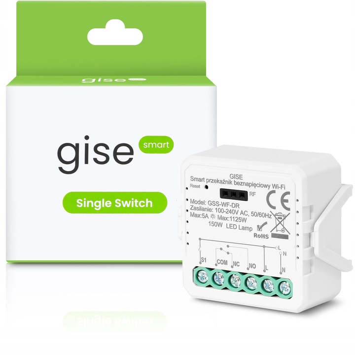 Релеен модул GISE GSS-WF-DR, изход без потенциал (NO/NC), WiFi, съвместим с Tuya/Smart Life, 10A/2400W, Бял, 1 бр