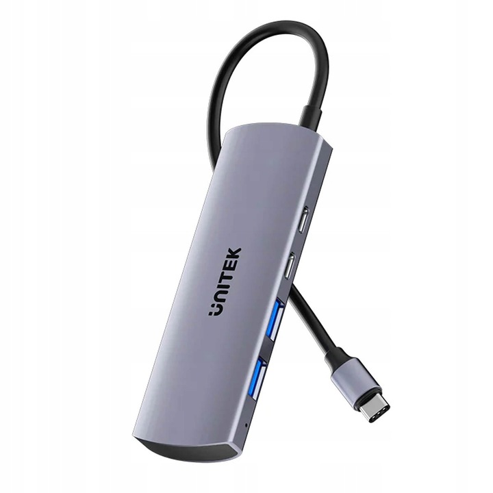 USB-C хъб Unitek uHub Q4, 4 порта, сив, 11.5x3.7x1.3см