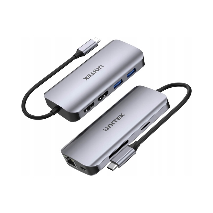 USB-C хъб Unitek D1122A01, 8 в 1, 5Gbps, 2x HDMI 4K, RJ-45, бял, 12x5x2см