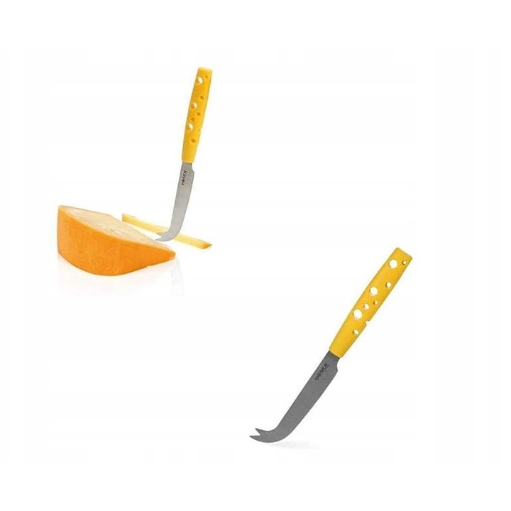 Cutit pentru branza / taietor branza Boska Cheesy, otel inoxidabil, maner plastic cu aspect branza, varfuri pentru servire, galben, lama 9 cm, 1 buc