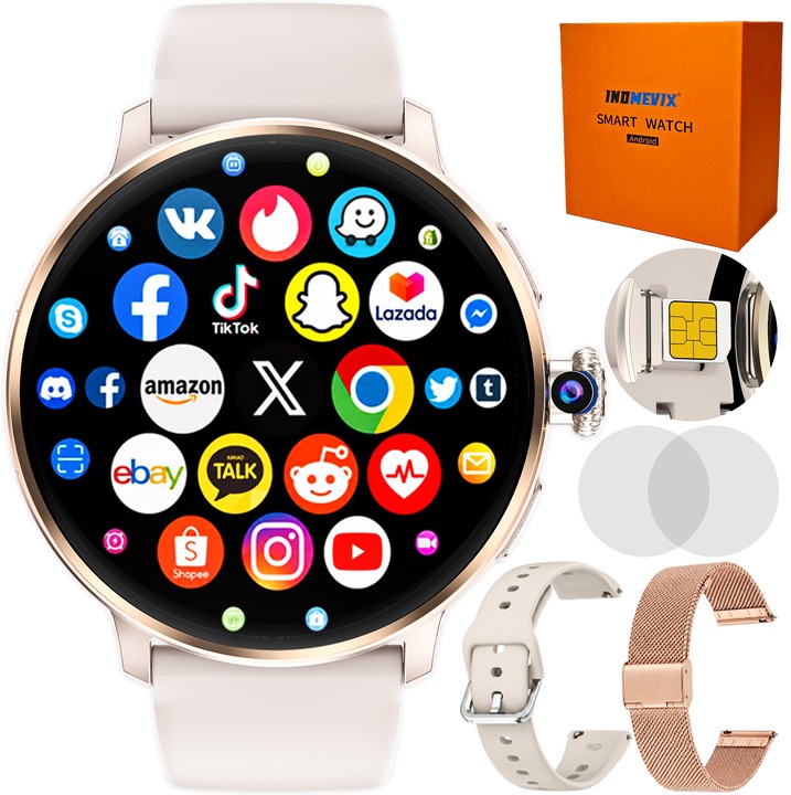 Ceas smartwatch dama, INOMEVIX®, ecran rotund AMOLED 1.6 inch, Android, 3GB RAM, 32GB, Magazin Play, SIM, camera foto video 2MP, apeluri, bluetooth, wifi, monitorizare sanatate, ciclu menstrual, 11 moduri sport, fitness, pentru femei, 2 curele incluse