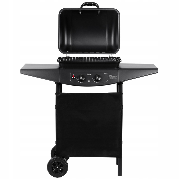 Teesa BBQ 2000 TSA0080 gázgrill, 2 égő, 5 kW összteljesítmény, 46 x 34 cm főzőfelület, piezo gyújtás, 2 oldalsó polc, fekete, 98 x 44 x 100 cm