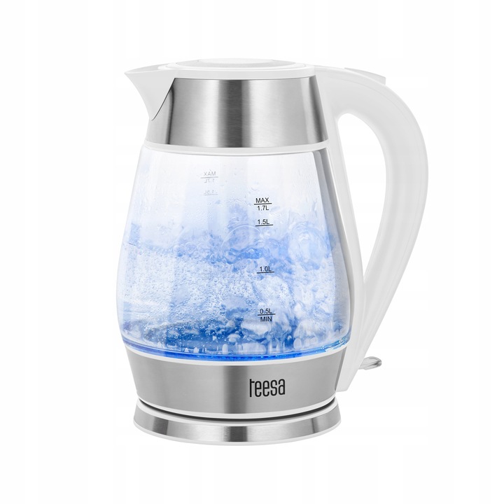 Teesa TSA1512W elektromos vízforraló, 1.7L, fehér, 2200W, üveg és rozsdamentes acél