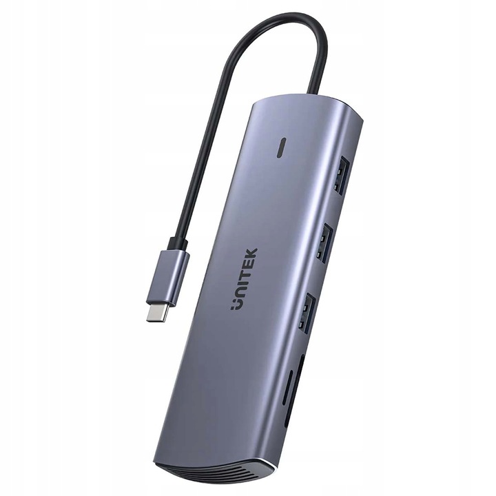Хъб USB-C Unitek D1113A 9-в-1, Gigabit Ethernet, HDMI 4K@30Hz, VGA 1080P, 3 x USB 3.0 5Gbps, Power Delivery 100W, четец на карти SD/microSD, Сив