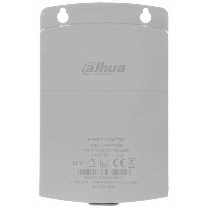 Dahua DH-PFM300 tápegység adapter, impulzus tápegység, 12 V DC 2 A (24 W), IP23, 2.1/5.5 mm csatlakozó, műanyag ház, szürke, 140 x 89 x 37 mm